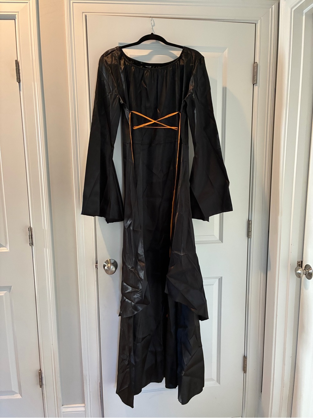 Black Long Sleeve Maxi Goth Style Dress with Orange Accent Ties